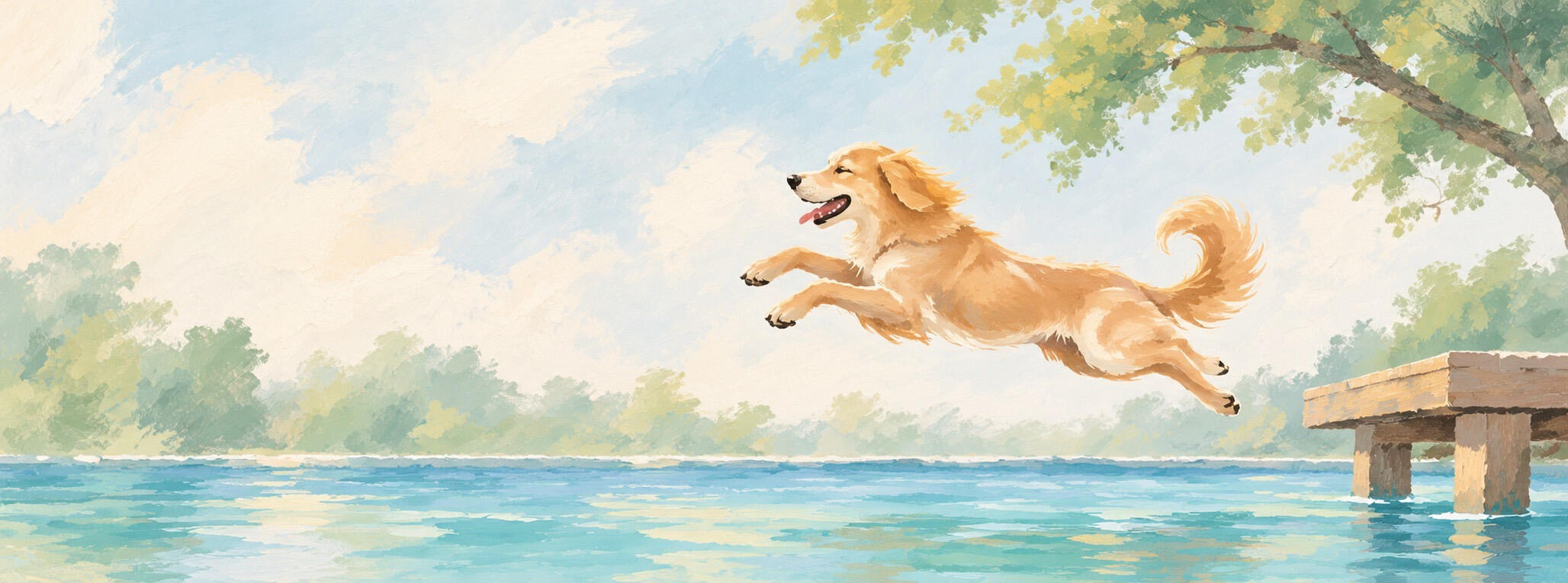 Golden Retriever jumping from the dock into the pool at Ducky Pool Haus