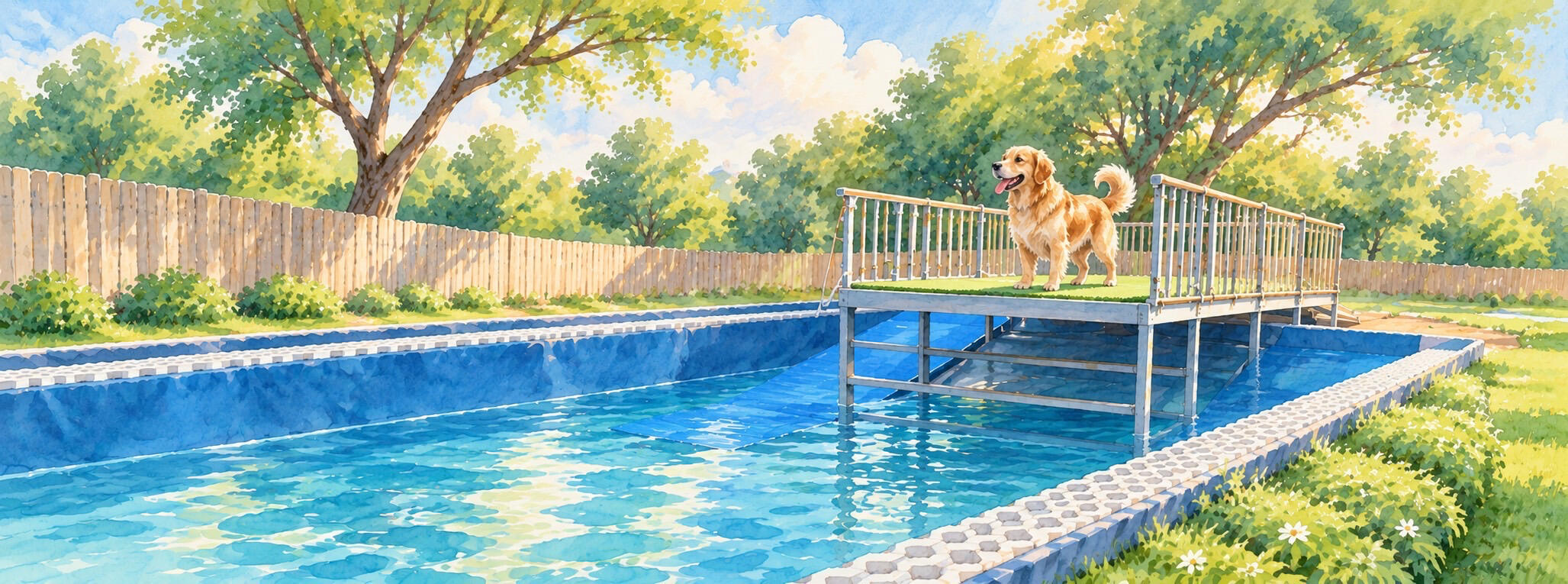 Golden Retriever jumping from the dock into the pool at Ducky Pool Haus